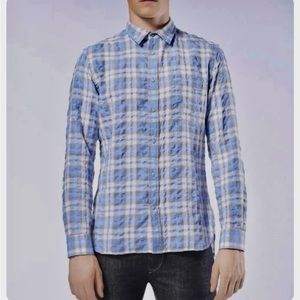 Diesel Men's Button Up Shirt S-OASIS Long Sleeve Blue Plaid Size Small